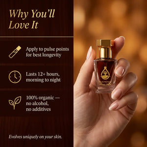 Natural agarwood oud oil bottle displayed with warm luxury fragrance background