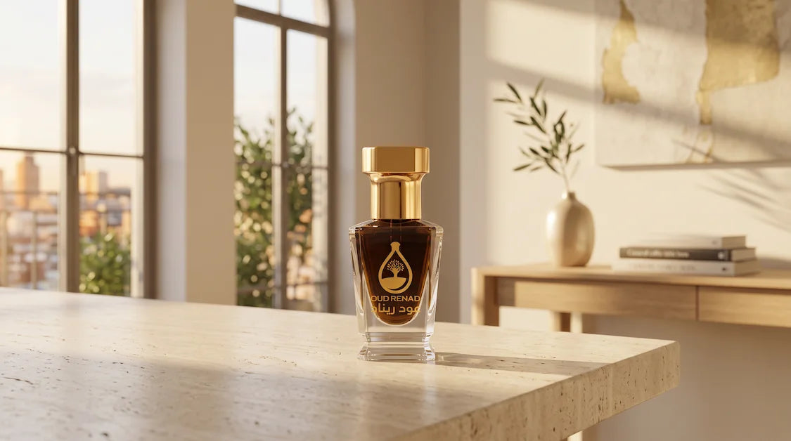 best oud perfume uk collection by OUD Renad with luxury perfume oils, gold caps, oud wood and saffron accents.