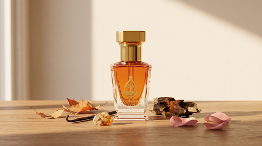 best amber perfume oil by OUD Renad displayed with oud wood, vanilla, rose petals and autumn leaves.