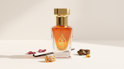amber perfume oil uk by OUD Renad displayed with vanilla, oud wood and amber details in a luxury setting.