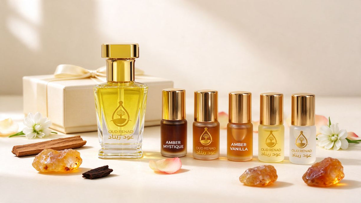 Luxury perfume oil gift uk featuring OUD Renad bottles with elegant packaging, roses and warm fragrance notes