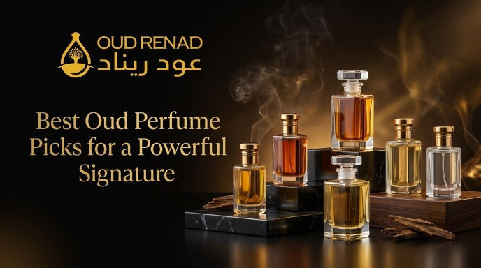 Oud Renad oud perfume collection on black marble with golden bottles, smoke, oud wood and luxury branding.