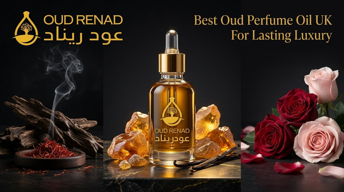 Oud Renad oud perfume oil UK bottle displayed with smoky oud wood, amber resin, vanilla and roses.