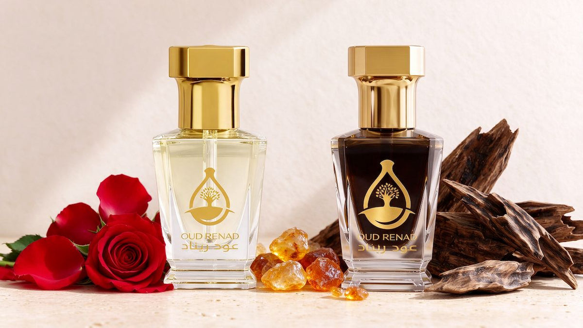 Rose and oud perfume oil by OUD Renad shown with natural rose and oud ingredients on a premium background