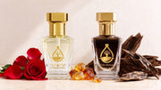 Rose and oud perfume oil by OUD Renad shown with natural rose and oud ingredients on a premium background