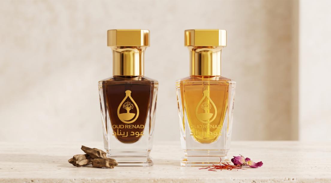 Pure oud vs oud blend shown in two Oud Renad perfume bottles with agarwood, saffron and rose accents.