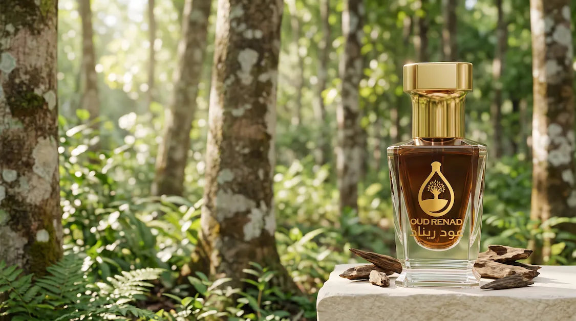 What Is Oud? Oud Renad perfume bottle displayed with natural agarwood in a lush forest setting.