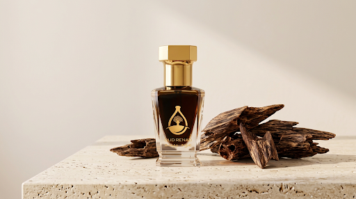 pure oud from UK by OUD Renad shown with rich agarwood pieces in a warm luxury fragrance setting.