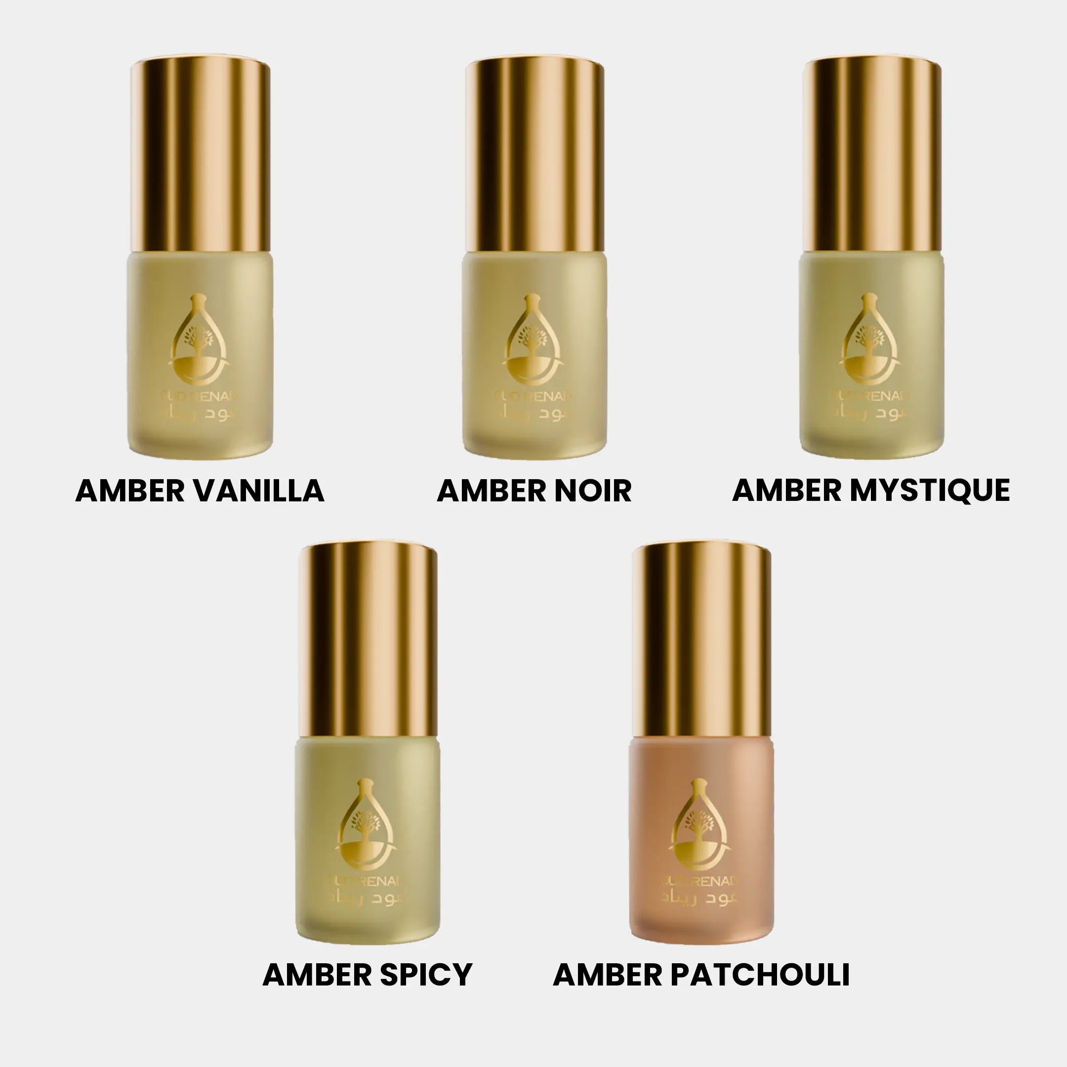 Amber Samples perfume oil set with warm golden fragrance oils and elegant Oud Renad packaging