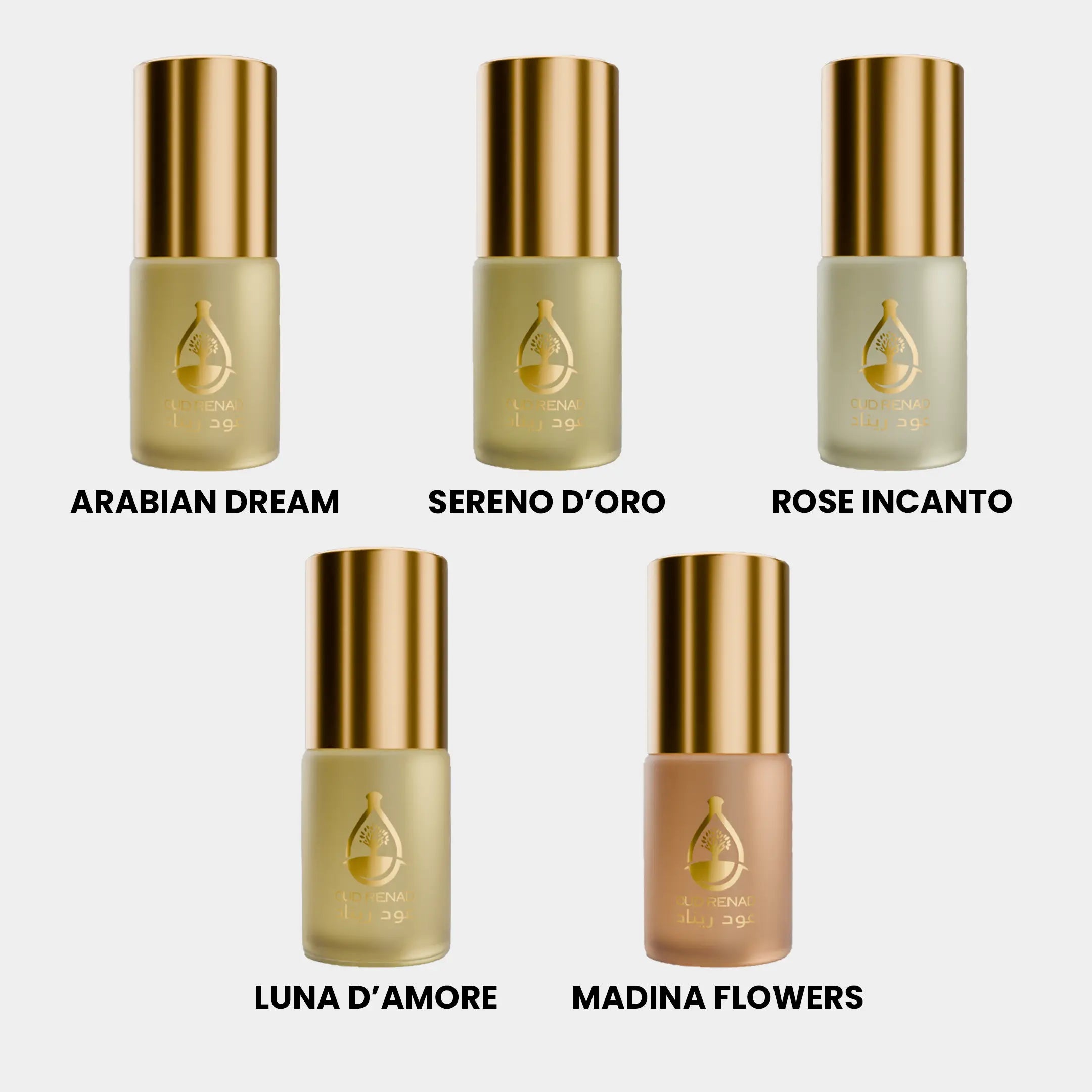 Floral Samples perfume oil set with soft romantic fragrance oils and elegant Oud Renad packaging