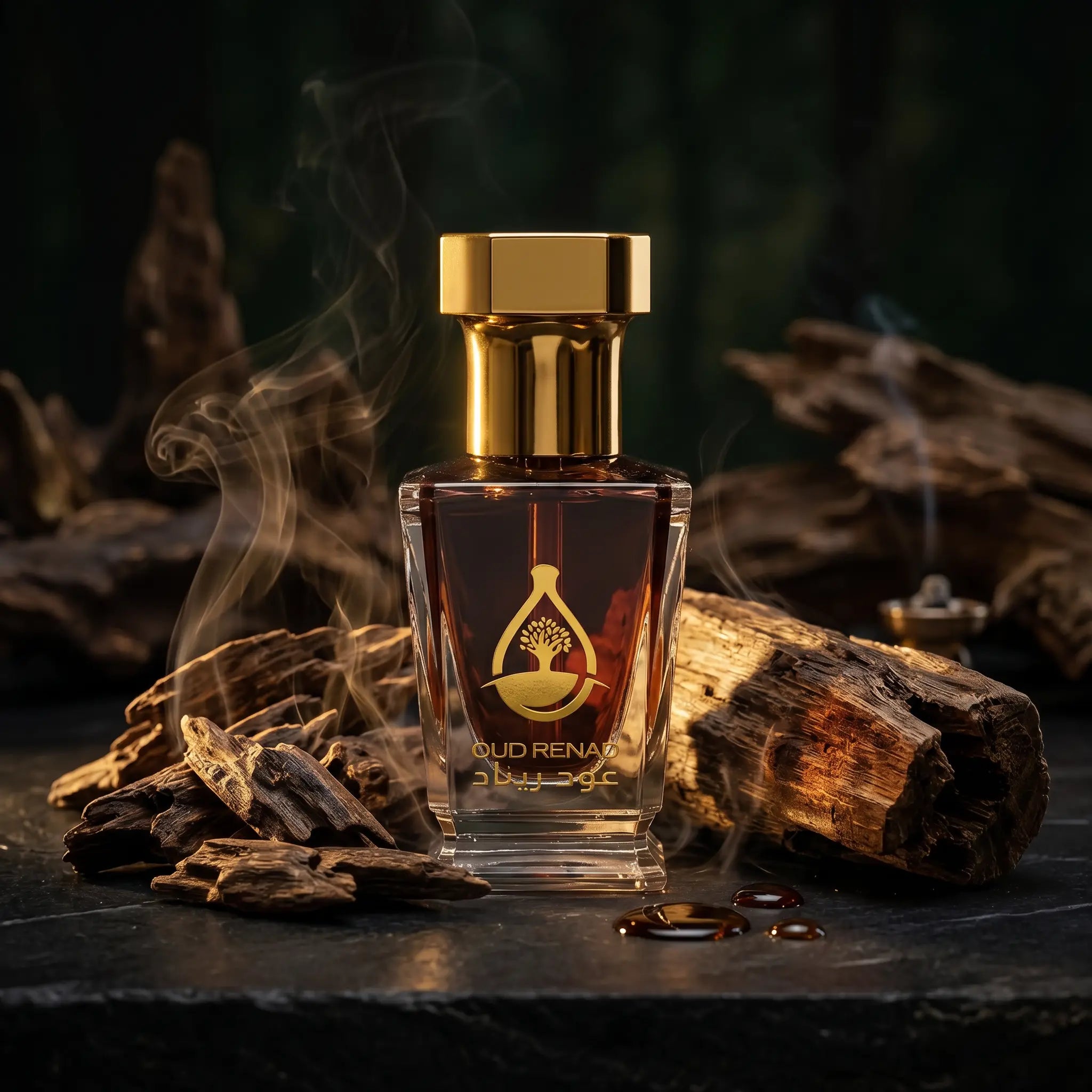 Luxury oud oil by Oud Renad shown with premium brown packaging box