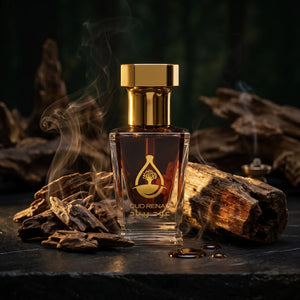 Luxury oud oil by Oud Renad shown with premium brown packaging box