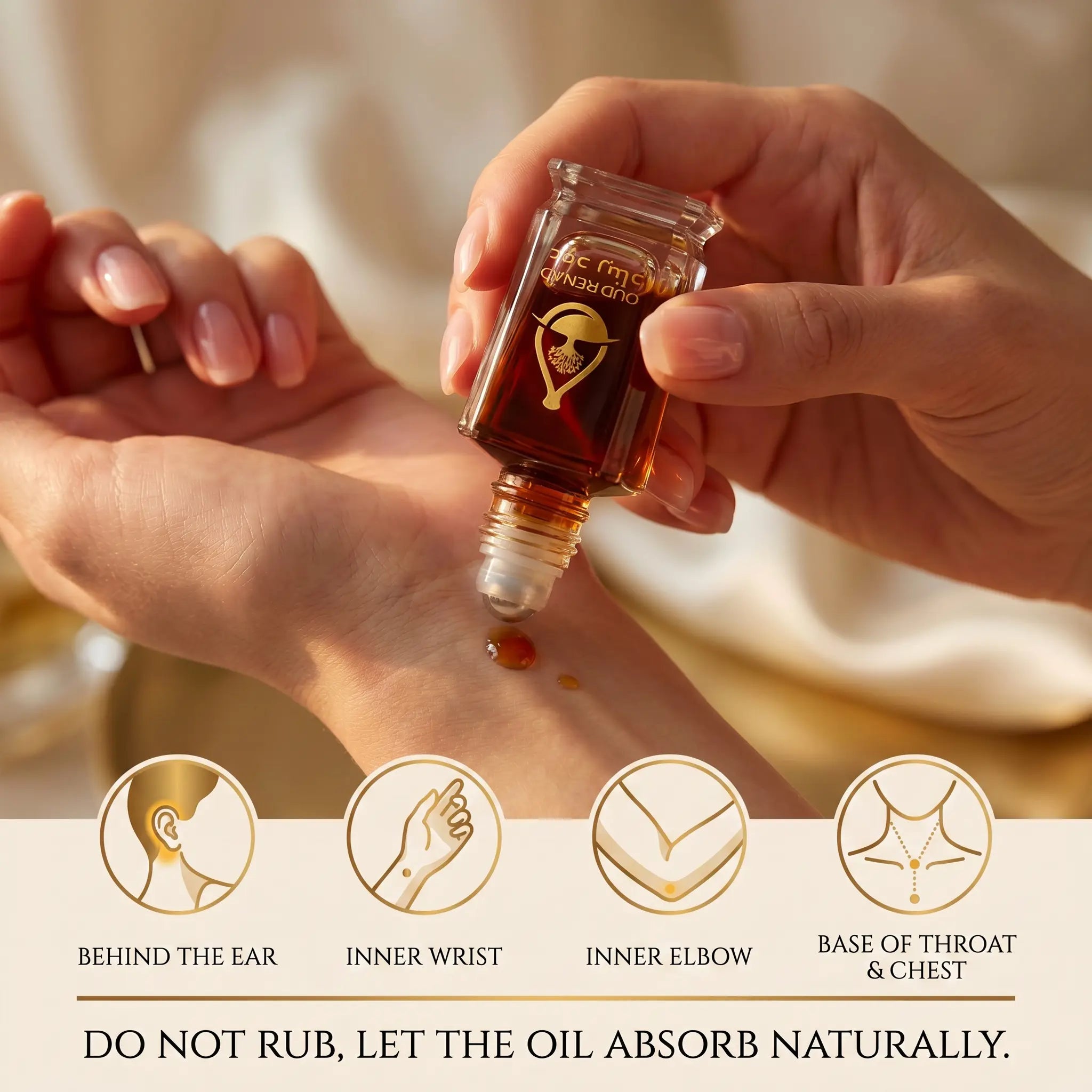 Close-up of Pure Oud Natural Oil bottle with golden cap and elegant oud packaging