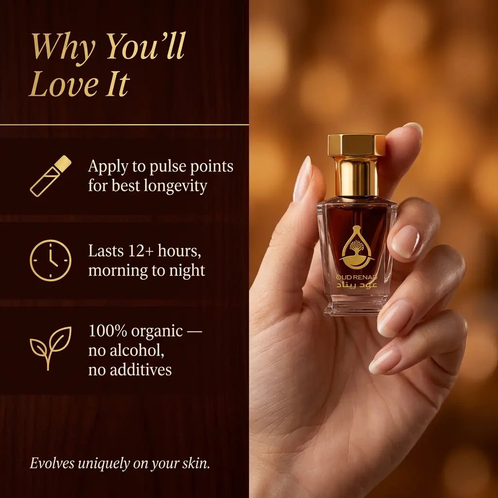 Natural agarwood oud oil bottle displayed with warm luxury fragrance background